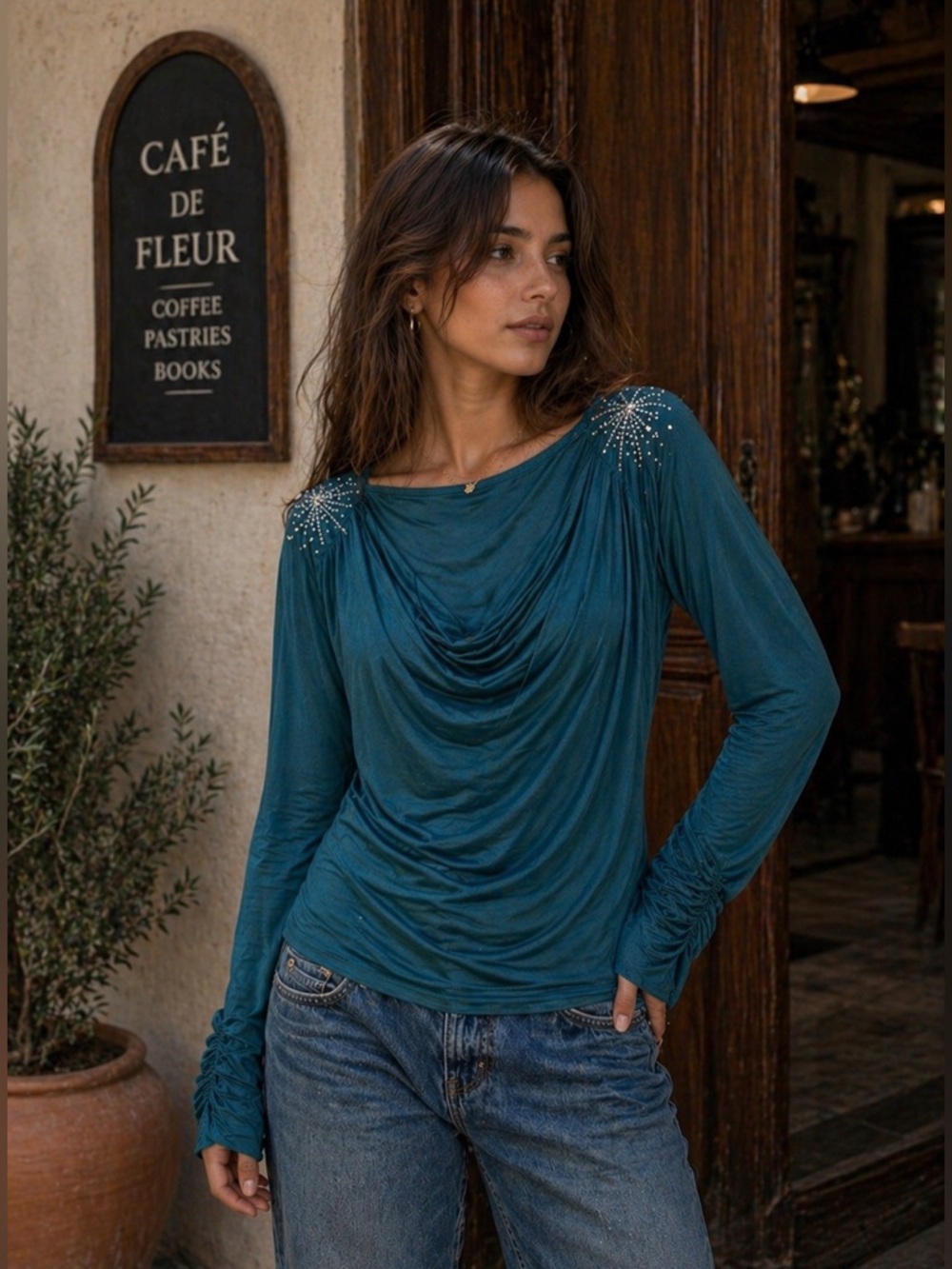 NWOT Long sleeve top ruched details